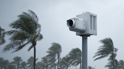 Traffic Camera Monitoring Stormy Weather With Swaying Palm Trees. Capturing Severe Weather Conditions
