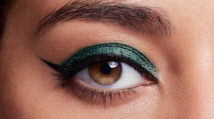 Obraz premium Close-Up Of A Woman'S Eye With Green Glitter Eyeshadow And Eyeliner. Beauty And Makeup Focus