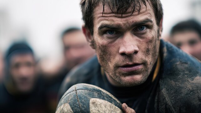 Rugby Player With Intense Focus Holding Ball During Muddy Match. Determination And Teamwork In Sports - Powered by Adobe