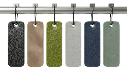 Set of Colored Rectangular Leather Tags Hanging from a Metallic Rod isolated PNG with Transparent Background