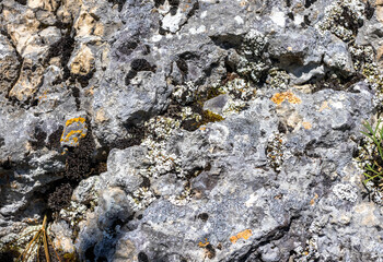background , texture of stone mineralogical rocks in nature on a sunny day in a mountainous area, soft focus