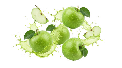 Fresh Green Apples and Slices with Dynamic Juice Splashes isolated PNG with Transparent Background