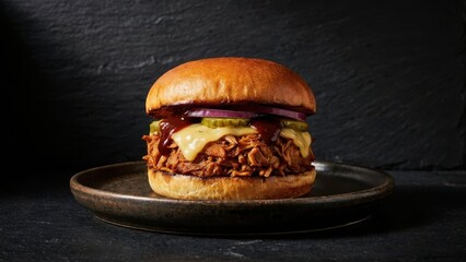 Classic pulled pork sandwich with pickles and onions