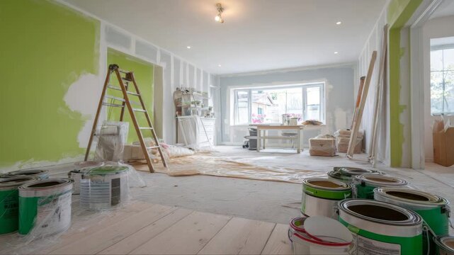Interior renovation scene showcasing a partially painted room with green walls, a ladder, and paint cans, camera pans to reveal the evolving workspace atmosphere