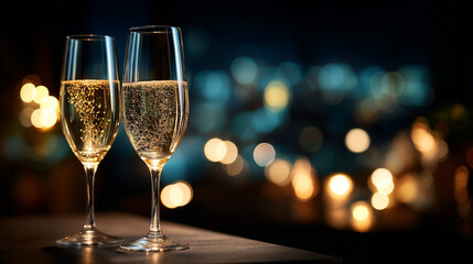 Two elegant glasses filled with champagne glistening luxurious atmosphere sparkling bubbles bokeh lights celebration toast moment festive beverage display defocused background