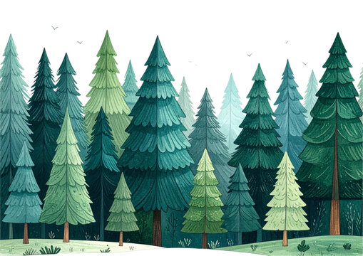 Vector illustration of a winter forest landscape with a green pine Christmas tree set against a snowy mountain scene for holiday celebration season pattern design - Powered by Adobe