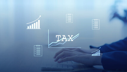 Digital tax filing Tax return financial planning analyzing  data revenue deductions filing income tax online payment mobile app computer technology. Business tax management economy 