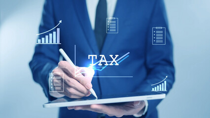 Digital tax filing Tax return financial planning analyzing  data revenue deductions filing income tax online payment mobile app computer technology. Business tax management economy 