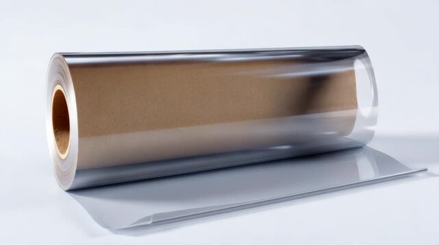 Transparent film roll gradually unrolling, revealing layers of material, showcasing texture and sheen, with camera zooming out to capture the entire scene development
