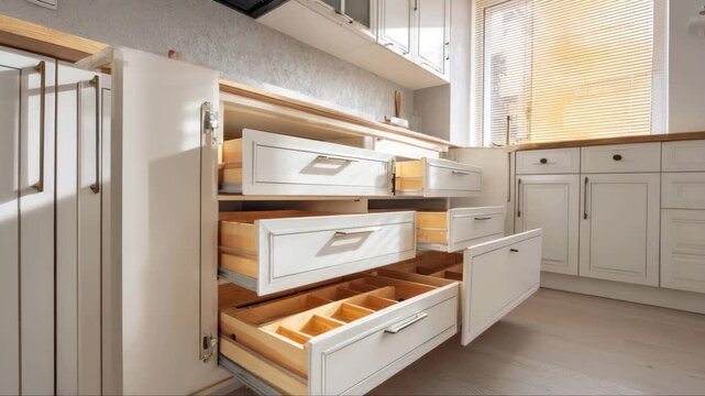 Kitchen drawers open, showcasing organized compartments and wooden interiors, with camera zooming in to highlight storage solutions and modern design elements