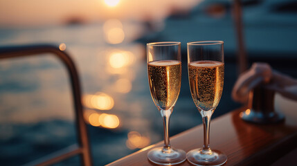 Elegant champagne toast on luxury yacht sunset celebration moment special occasion maritime nautical luxury experience premium beverage display defocused ocean background wit