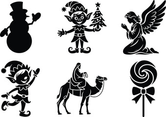 Naklejka premium Christmas Silhouette Clipart Bundle Design. Tree, Santa, Reindeer & Ornament, Winter Holiday Design, Seasonal Holiday, Traditional Christmas, Christmas Element Vector Illustration.