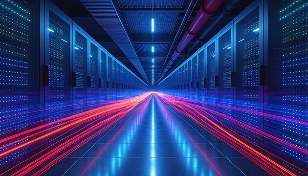data center with glowing blue lights and red light trails on floor - Powered by Adobe