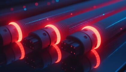 red glowing cables with black connectors on reflective surface