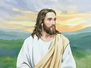 Watercolor Jesus Christ in a Serene Landscape