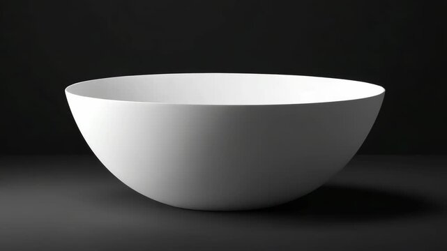 Clean white ceramic bowl with smooth matte finish, minimalistic style, centered on dark background, concept of simplicity and elegance