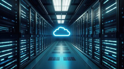 Fototapeta premium Cloud computing infrastructure inside modern data center corridor with glowing cloud icon, futuristic IT environment for AI platforms, cloud services, data storage, cybersecurity