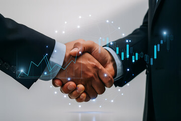Business handshake with global network and financial graphs symbolizing global partnership and digital technology in finance