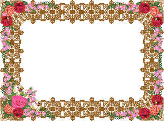 brown horizantal frame decorated by rose flowers isolated on white background