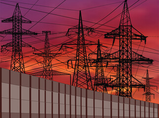 electric towers group near fence at bright sunset