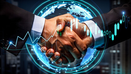 A business handshake representing global partnership and financial technology integration with stock market charts