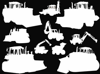 heavy industrial machinery ten silhouettes white set