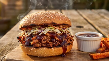 Hearty pulled pork sandwich with sweet potato fries