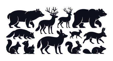 Set of various wild forest and woodland animal silhouettes including bears deer rabbits foxes