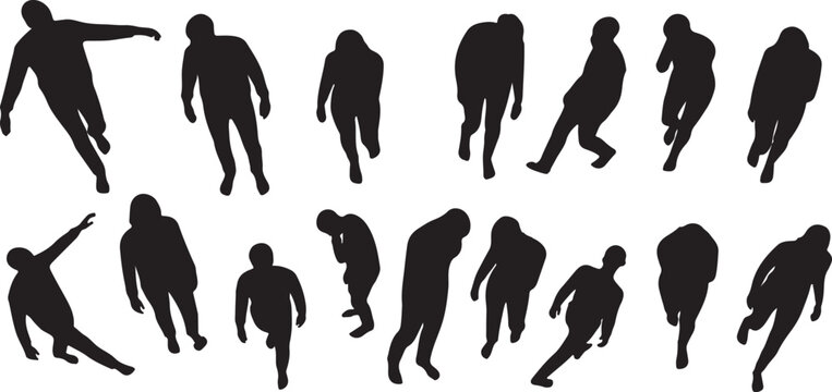 A collection of black vector silhouettes featuring a business group, family, and walking figures including men and women shown from a top view angle vector illustration Artwork.