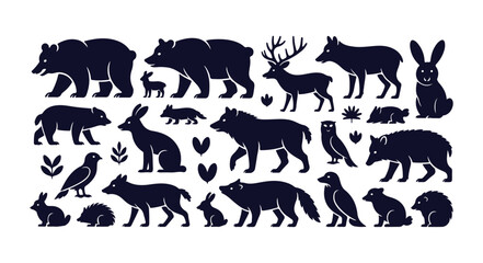 Large collection of forest animals including bears, deer, foxes, rabbits, wolves, owls
