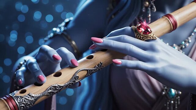 Lord krishna's blue hands play an ornate flute in a dramatic close-up, casting a mystical blue glow against a dark bokeh background.