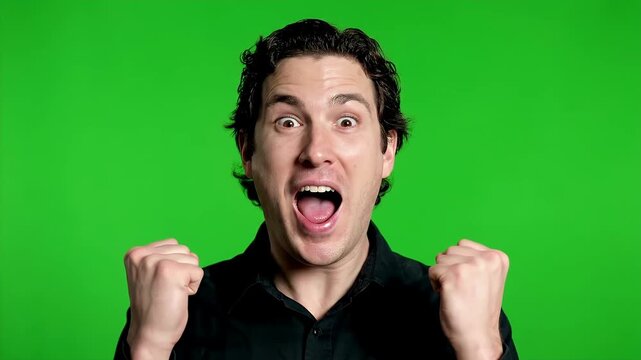 Excited Man Cheering and Celebrating Success on Green Screen.