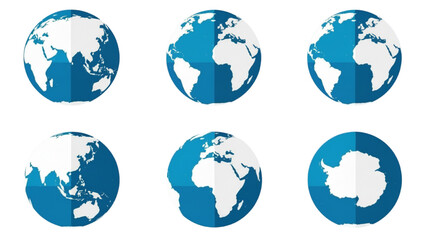 Earth globe icon set. Flat vector world map collection. Blue planet views showing different continents.