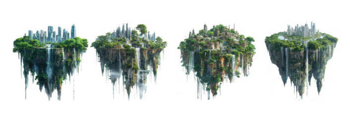 Four fantastical floating islands with lush greenery and cascading waterfalls a beautiful scenery on transparent background