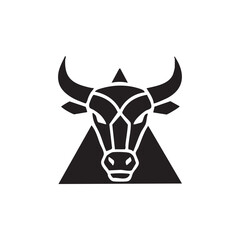 A minimalist geometric black and white illustration of a bull's head with prominent horns, set against a solid black triangle background.