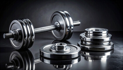 Chrome-plated adjustable dumbbells with extra weight plates on reflective surface and dramatic dark gradient backdrop