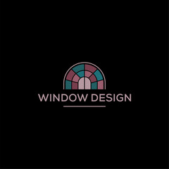 Elegant arched window logo with stained glass mosaic style. Minimalist colorful window design for interior, architecture, or home decor branding. Professional vector icon on black background.