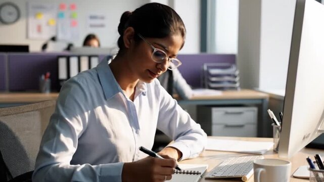 Focused woman in office writes notes near computer for business report.