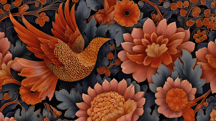 Opulent Orange Bird Floral Seamless Textured Art Pattern