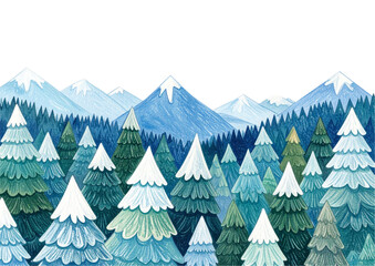 A festive winter landscape illustration featuring snowy Christmas pine trees in the mountains under a cold sky for a seasonal holiday celebration vector design
