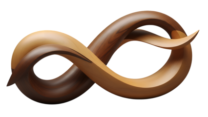 A handcrafted abstract wooden infinity symbol decor piece isolated on a transparent background with smooth finish and high detail
