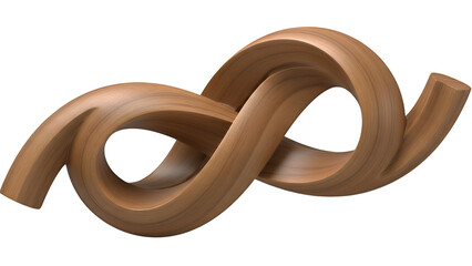Elegant abstract wooden sculpture featuring smooth, intertwined loops with a rich natural grain texture and warm tones, perfectly isolated on transparent background
