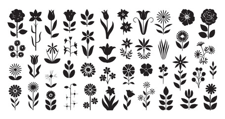 Set of various flower icons black botanical elements different blossoms and leaves spring garden