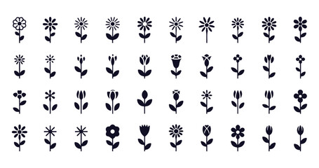 Set of stylized flower icons black botanical elements different blossoms and stems spring garden