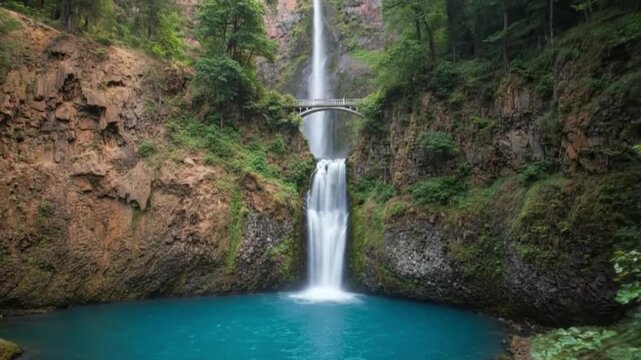 Scenic Multnomah Falls cascading under Benson Bridge in Columbia River Gorge Oregon
