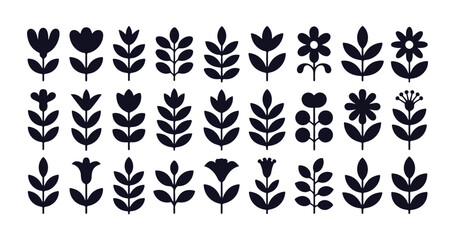 Minimalist folk art flowers and plants. monochrome decorative floral elements for scandinavian design