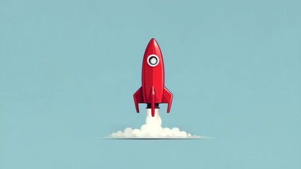 Red cartoon rocket taking off with smoke trail, clean minimalist style, on blue background, representing launch, startup or innovation concept