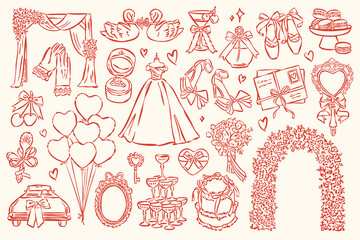 Whimsical wedding and love doodle collection. Art for greeting card, logo design, brand identity, packaging design.