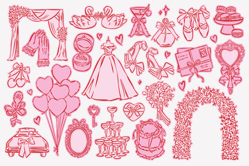 Whimsical wedding and love doodle collection. Art for greeting card, logo design, brand identity, packaging design.