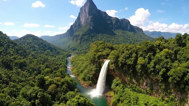 Cinematic Aerial View of Angel Falls Cascading Down Mountain in Lush Venezuela Rainforest